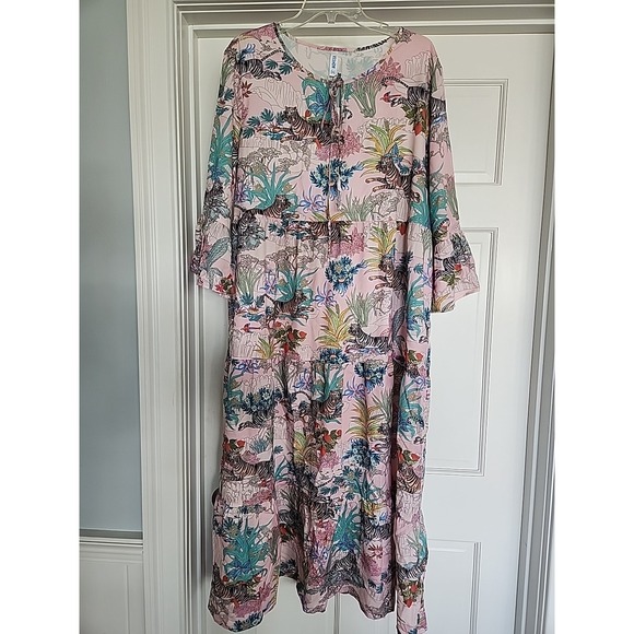 Summery Pink Asian Tiger Floral Tiered Maxi Mumu 3/4 Flutter Slvs Feminine 2XL - Picture 14 of 14